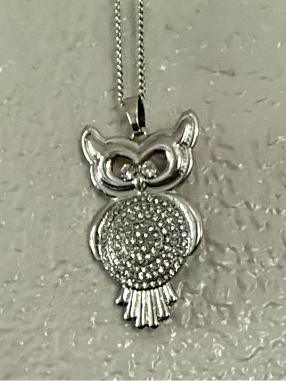 Source Unknown Silver Owl Pendant Necklace with Pavé Accents